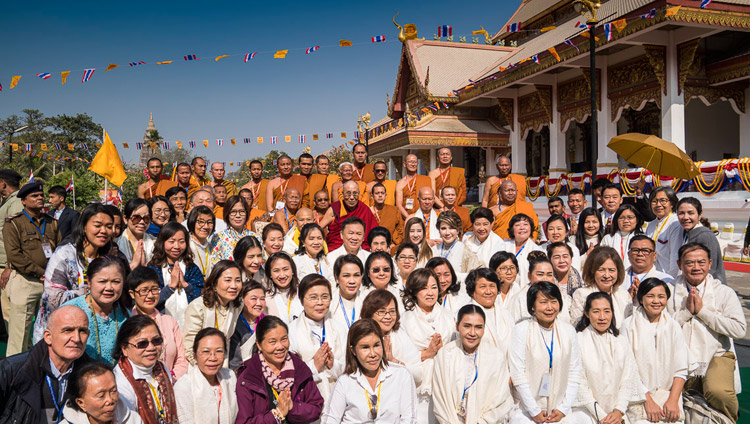 His Holiness the Dalai Lama with members and supporters of the Thai Bharat Society’s Wat Pa Buddhagaya Vanaram Temple in Bodhgaya, Bihar, India on January 25, 2018. Photo by Tenzin Choejor