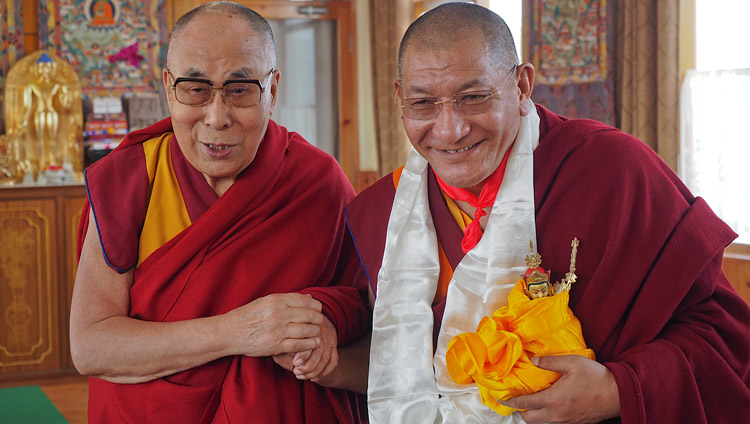 His Holiness the Dalai Lama with Kathok Getse Rinpoche during their meeting in Bodhgaya, Bihar, India on January 27, 2018. Photo by Jeremy Russell