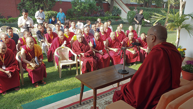 His Holiness the Dalai Lama addressing a gathering of Central Institute for Higher Tibetan Studies’ (CIHTS) teachers in Sarnath, UP, India on March 20, 2018. Photo by Jeremy Russell
