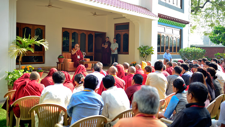 His Holiness the Dalai Lama addressing a gathering of Central Institute for Higher Tibetan Studies’ (CIHTS) teachers in Sarnath, UP, India on March 20, 2018. Photo by Lobsang Tsering