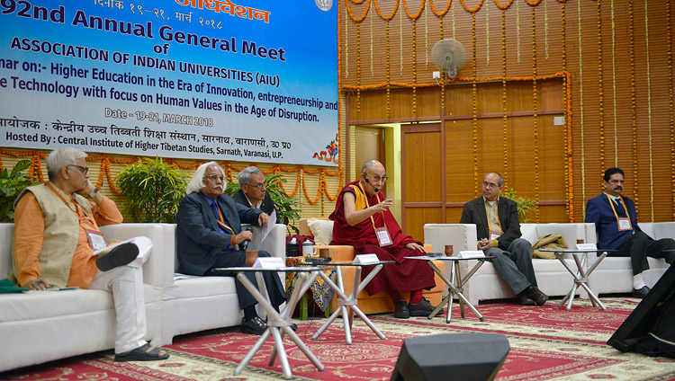 His Holiness the Dalai Lama speaking during a short interaction with Vice-Chancellors on the second day of the Association of Indian Universities’ Meet at Sarnath, UP, India on March 20, 2018. Photo by Lobsang Tsering