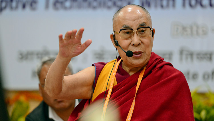 His Holiness the Dalai Lama delivering his opening remarks on the second day of the Association of Indian Universities’ Meet at Sarnath, UP, India on March 20, 2018. Photo by Lobsang Tsering