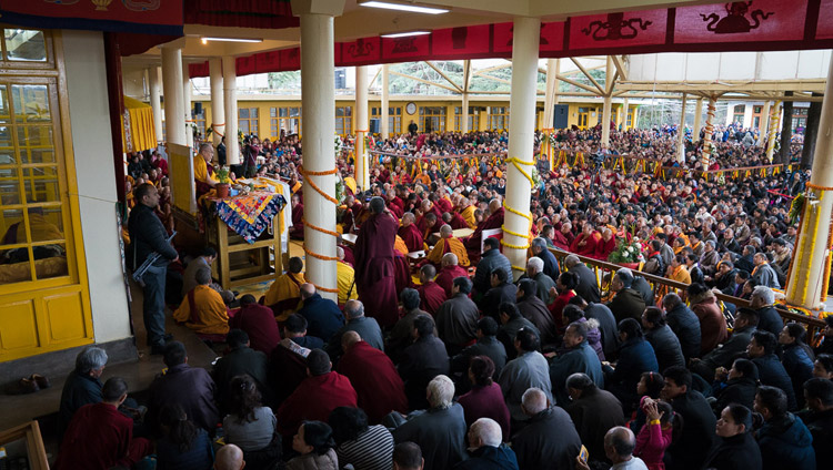 His Holiness the Dalai Lama addressing the crowd at the Main Tibetan Temple courtyard in Dharamsala, HP, India on March 2, 2018. Photo by Tenzin Choejor