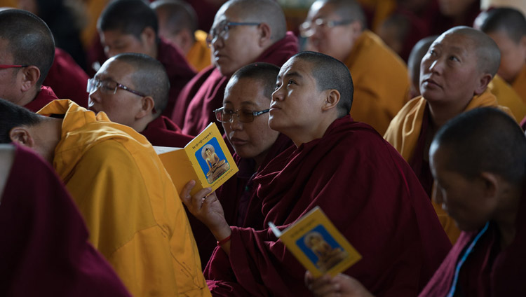 Monastics in the audience listening to His Holiness the Dalai Lama speaking on the Day of Miracles at the the Main Tibetan Temple courtyard in Dharamsala, HP, India on March 2, 2018. Photo by Tenzin Choejor