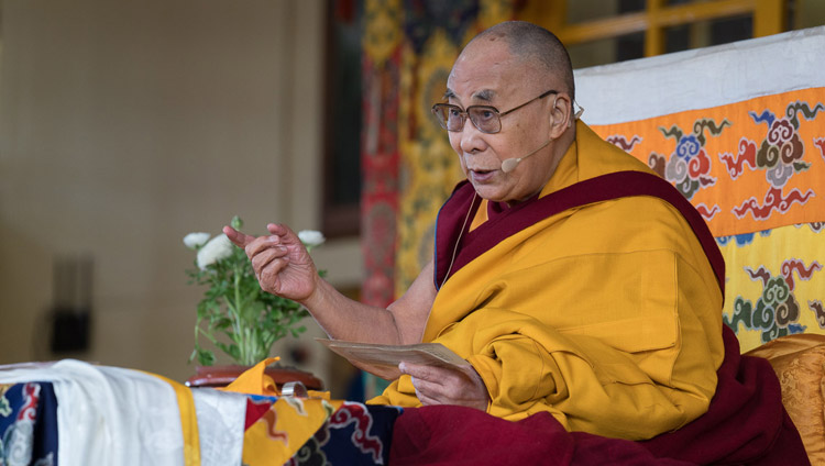 His Holiness the Dalai Lama commenting on Je Tsongkhapa’s ‘In Praise of Dependent Origination’ at the Main Tibetan Temple courtyard in Dharamsala, HP, India on March 2, 2018. Photo by Tenzin Choejor