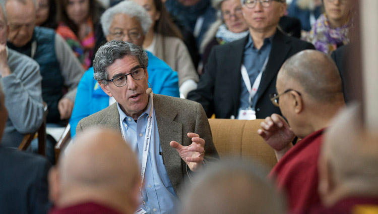 Richard Davidson speaking on the opening day of the 33rd Mind & Life Conference - Reimagining Human Flourishing - at the Main Tibetan Temple in Dharamsala, HP, India on March 12, 2018. Photo by Tenzin Choejor