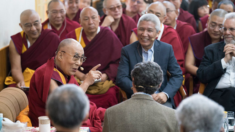 His Holiness the Dalai remarking on the purpose of his meeting with scientists on the opening day of the 33rd Mind & Life Conference - Reimagining Human Flourishing - at the Main Tibetan Temple in Dharamsala, HP, India on March 12, 2018. Photo by Tenzin Choejor