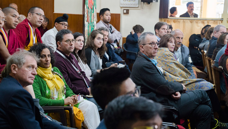 Some of the more than 300 guests listening to His Holiness the Dalai Lama speaking on the opening day of the 33rd Mind & Life Conference - Reimagining Human Flourishing - at the Main Tibetan Temple in Dharamsala, HP, India on March 12, 2018. Photo by Tenzin Choejor