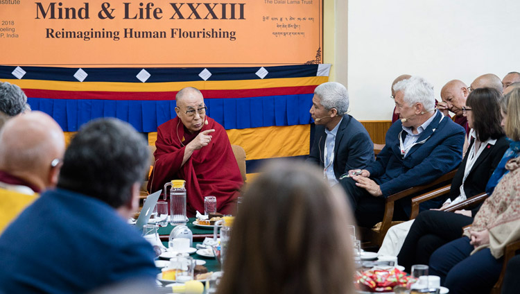 His Holiness the Dalai Lama addressing the gathering on the opening day of the 33rd Mind & Life Conference - Reimagining Human Flourishing - at the Main Tibetan Temple in Dharamsala, HP, India on March 12, 2018. Photo by Tenzin Choejor