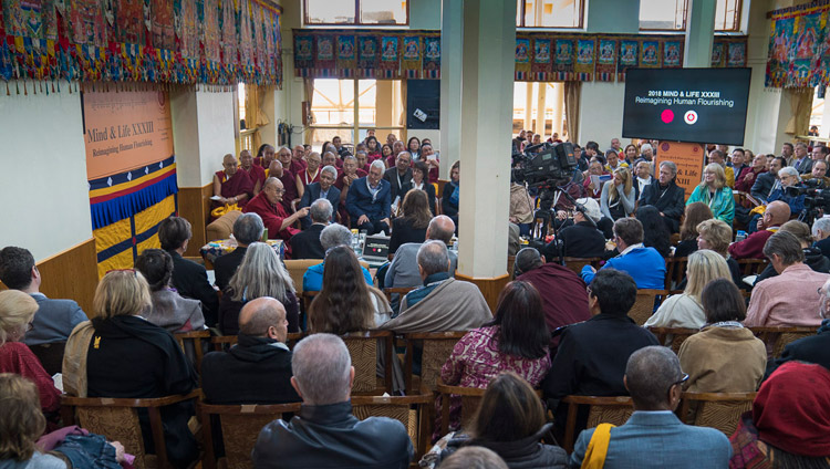 His Holiness the Dalai Lama remarking on Dan Goleman's presentation as the morning session  of the opening day of the 33rd Mind & Life Conference neared it's conclusion at the Main Tibetan Temple in Dharamsala, HP, India on March 12, 2018. Photo by Tenzin Choejor