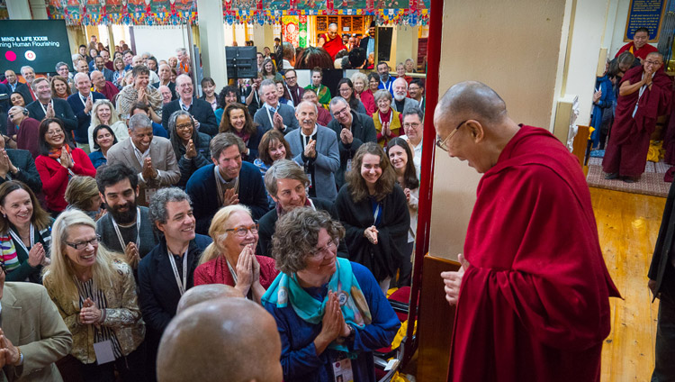His Holiness the Dalai Lama arriving at the Main Tibetan Temple for the second day of the Mind & Life Conference - Reimagining Human Flourishing - in Dharamsala, HP, India on March 13, 2018. Photo by Tenzin Choejor