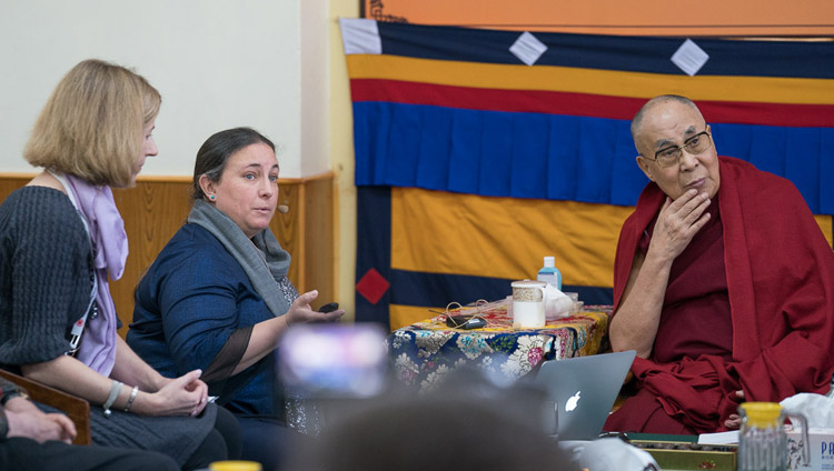 Tara Wilkie looks on as Sophie Langri delivers her presentation on the second day of the 33rd Mind & Life Conference at the Main Tibetan Temple in Dharamsala, HP, India on March 13, 2018. Photo by Tenzin Choejor