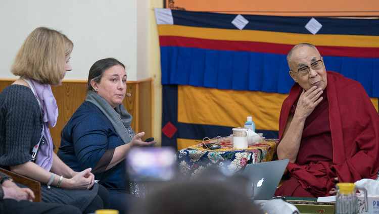 Tara Wilkie looks on as Sophie Langri delivers her presentation on the second day of the 33rd Mind & Life Conference at the Main Tibetan Temple in Dharamsala, HP, India on March 13, 2018. Photo by Tenzin Choejor Tara Wilkie looks on as Sophie Langri delivers her presentation on the second day of the 33rd Mind & Life Conference at the Main Tibetan Temple in Dharamsala, HP, India on March 13, 2018. Photo by Tenzin Choejor