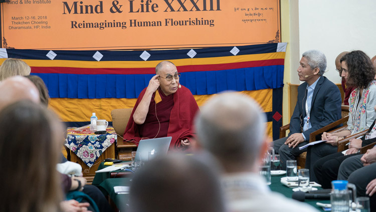 His Holiness the Dalai Lama commenting on the presentations during the second day of the 33rd Mind & Life Conference at the Main Tibetan Temple in Dharamsala, HP, India on March 13, 2018. Photo by Tenzin Choejor