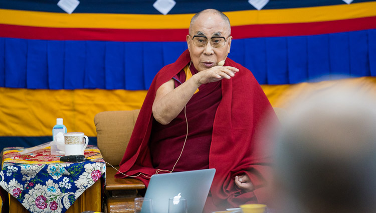 His Holiness the Dalai Lama commenting on the presentations during the second day of the 33rd Mind & Life Conference at the Main Tibetan Temple in Dharamsala, HP, India on March 13, 2018. Photo by Tenzin Choejor