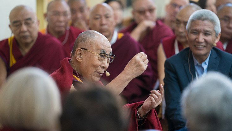 His Holiness the Dalai Lama speaking at the end of the second day of the 33rd Mind & Life Conference  - Reimagining Human Flourishing - at the Main Tibetan Temple in Dharamsala, HP, India on March 13, 2018. Photo by Tenzin Choejor