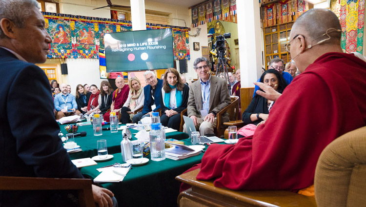 His Holiness the Dalai Lama recalling a story at the start of the third day of the Mind & Life Conference at the Main Tibetan Temple in Dharamsala, HP, India on March 14, 2018. Photo by Tenzin Choejor