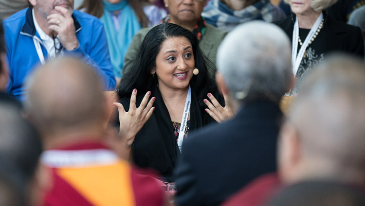 Amishi Jha talking about about meta-awareness and attention training on the third day of the Mind & Life Conference at the Main Tibetan Temple in Dharamsala, HP, India on March 14, 2018. Photo by Tenzin Choejor