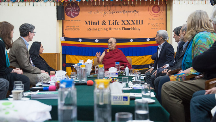 His Holiness the Dalai Lama discussing perception with Amish Jha during her presentation on the third day of the Mind & Life Conference at the Main Tibetan Temple in Dharamsala, HP, India on March 14, 2018. Photo by Tenzin Phuntsok