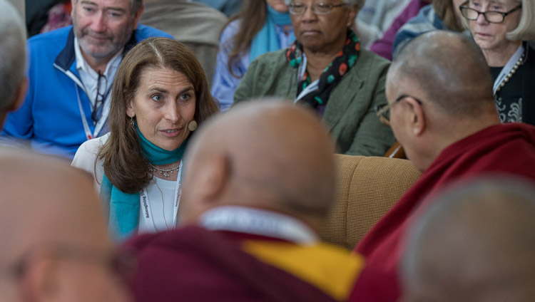 Sona Dimidjian talking about her work with mental training in a clinical context on the third day of the Mind & Life Conference at the Main Tibetan Temple in Dharamsala, HP, India on March 14, 2018. Photo by Tenzin Choejor