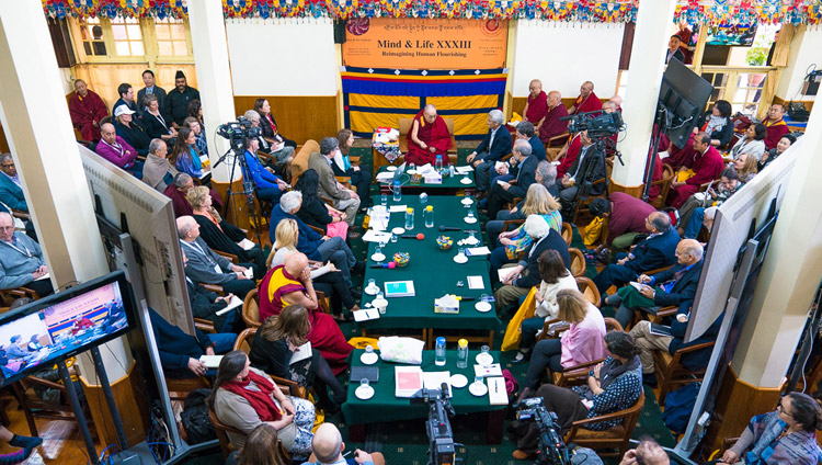 An overhead view of His Holiness the Dalai Lama, fellow participants and guests on the third day of the Mind & Life Conference at the Main Tibetan Temple in Dharamsala, HP, India on March 14, 2018. Photo by Tenzin Choejor