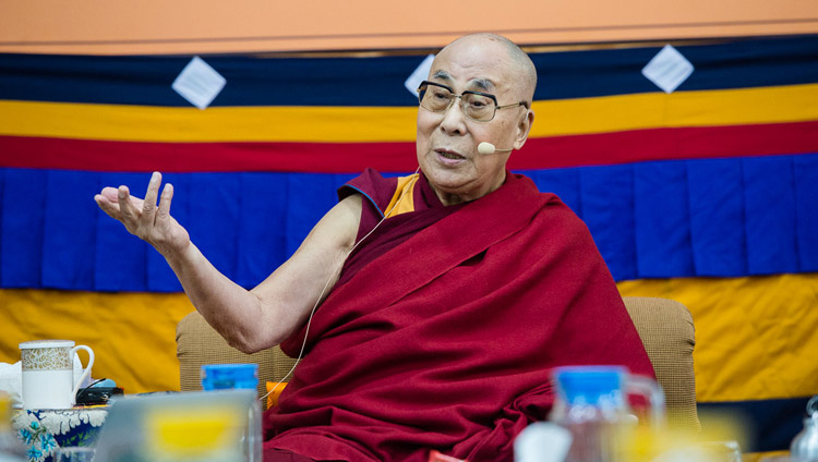 His Holiness the Dalai Lama speaking at the start of the fourth day of the Mind & Life Conference at the Main Tibetan Temple in Dharamsala, HP, India on March 15, 2018. Photo by Tenzin Phuntsok