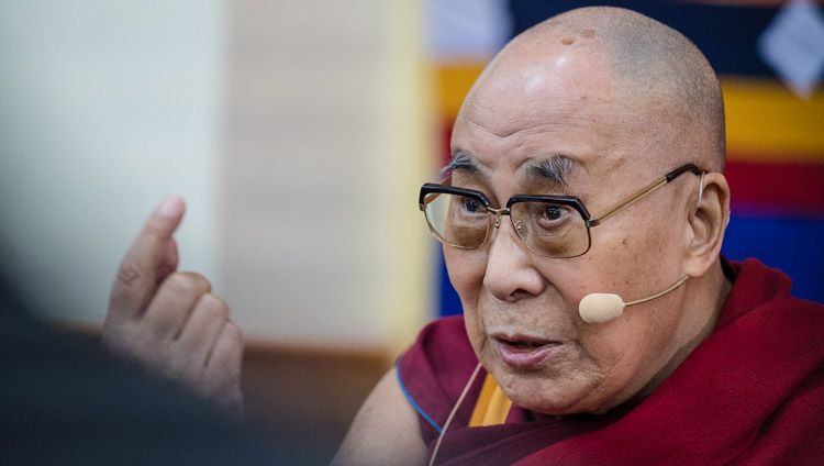 His Holiness the Dalai Lama addressing the gathering on the fourth day of the Mind & Life Conference at the Main Tibetan Temple in Dharamsala, HP, India on March 15, 2018. Photo by Tenzin Choejor