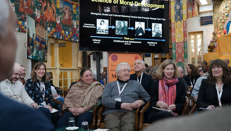 Fellow participants and guests listening to Robert Roeser's presentation on the fourth day of the Mind & Life Conference at the Main Tibetan Temple in Dharamsala, HP, India on March 15, 2018. Photo by Tenzin Choejor