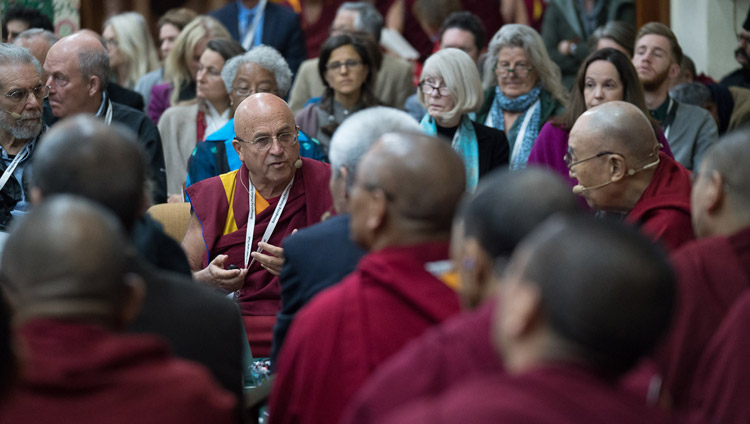 Matthieu Ricard discussing the role of compassion in secular ethics during his presentation on the fourth day of the Mind & Life Conference at the Main Tibetan Temple in Dharamsala, HP, India on March 15, 2018. Photo by Tenzin Choejor