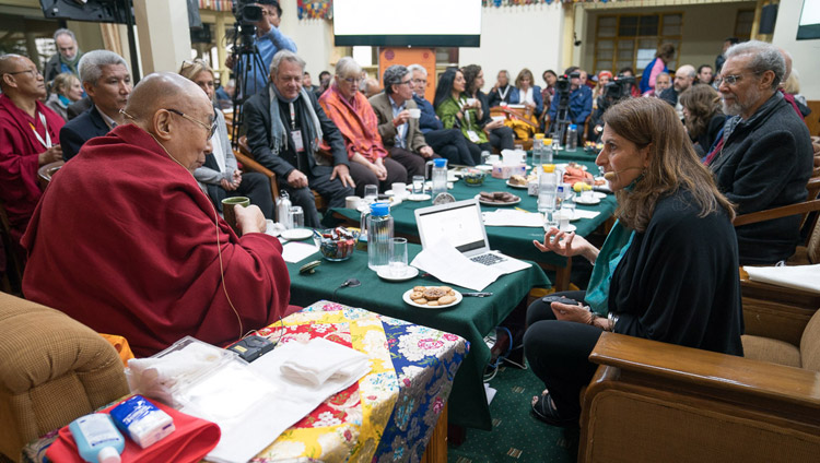 Sona Dimidjian discussing effects of a brief training in compassion that has been designed to be available as a mobile phone app on the fourth day of the Mind & Life Conference at the Main Tibetan Temple in Dharamsala, HP, India on March 15, 2018. Photo by Tenzin Choejor