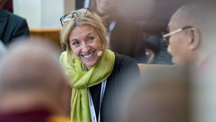 Sonia Lupien talking about research into stress and it's effects on learning on the final day of the Mind & Life Conference at the Main Tibetan Temple in Dharamsala, HP, India on March 16, 2018. Photo by Tenzin Choejor