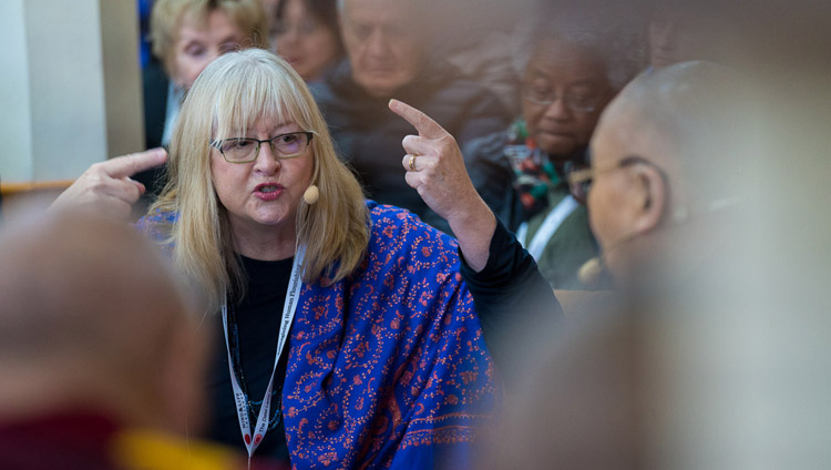 Patricia Jennings speaking about observing stress among teachers on the final day of the Mind & Life Conference at the Main Tibetan Temple in Dharamsala, HP, India on March 16, 2018. Photo by Tenzin Choejor