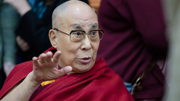 His Holiness the Dalai Lama remarking on the presentations on the final day of the Mind & Life Conference at the Main Tibetan Temple in Dharamsala, HP, India on March 16, 2018. Photo by Tenzin Choejor