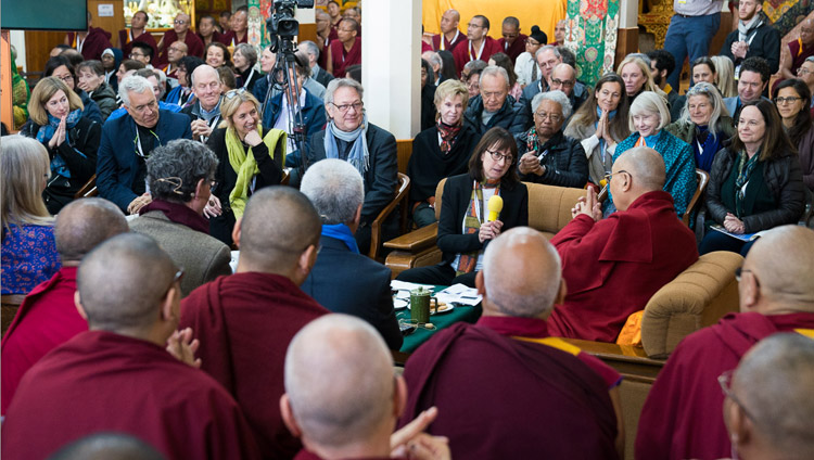 President of the Mind & Life Institute Susan Bauer-Wu thanking all organizers, guests and participants at the conclusion of the Mind & Life Conference at the Main Tibetan Temple in Dharamsala, HP, India on March 16, 2018. Photo by Tenzin Choejor