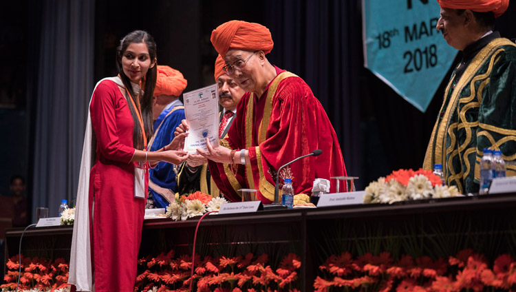 His Holiness the Dalai Lama presenting Merit Certificates at the First Convocation of the Central University of Jammu in Jammu, J&K, India on March 18, 2018. Photo by Tenzin Choejor