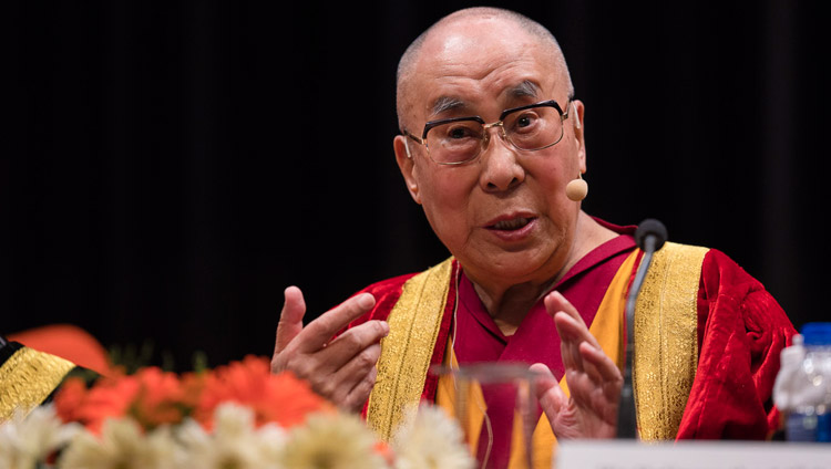 His Holiness the Dalai Lama delivering the convocation address at the First Convocation of the Central University of Jammu in Jammu, J&K, India on March 18, 2018. Photo by Tenzin Choejor
