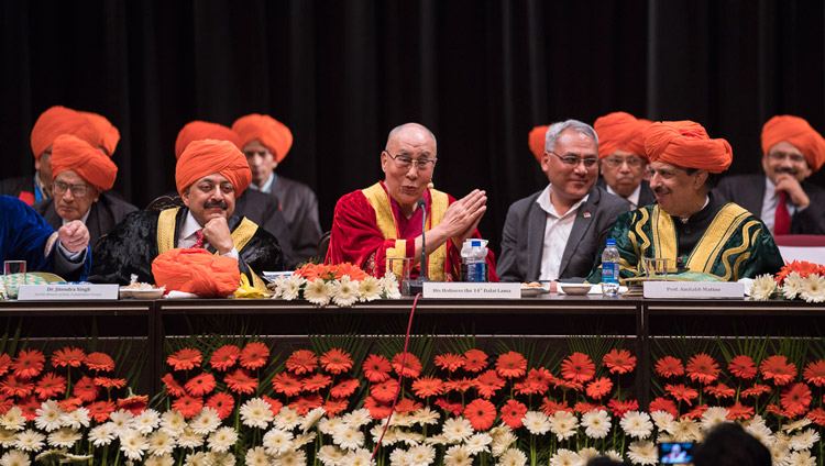 His Holiness the Dalai Lama speaking at the First Convocation of the Central University of Jammu in Jammu, J&K, India on March 18, 2018. Photo by Tenzin Choejor