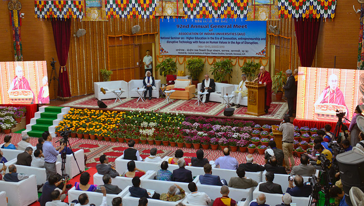 A view of the hall at the Central Institute of Higher Tibetan Studies as His Holiness the Dalai Lama delivers the inaugural address at the  92nd Annual Meet of Association of Indian Universities at CIHTS in Sarnath, UP, India on March 19, 2018. Photo by Lobsang Tsering