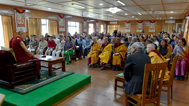 His Holiness the Dalai Lama addressing a gathering of people from around the world at his residence in Dharamsala, HP, India on March 30, 2018. Photo by Ven Damchoe