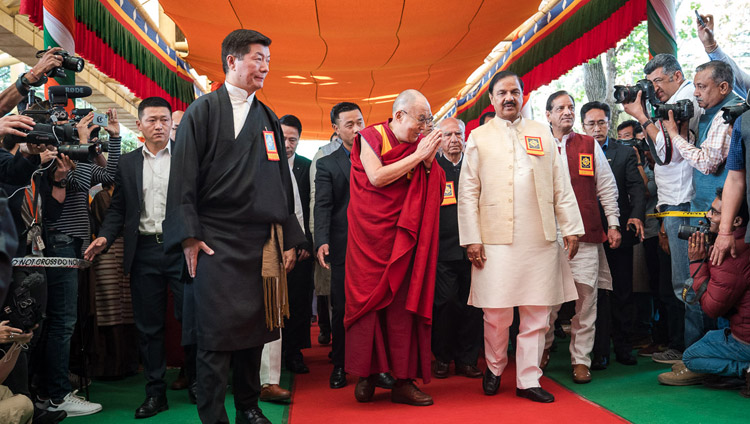 His Holiness the Dalai Lama and special guests arriving at the Main Tibetan Temple courtyard for the Thank You India celebration in Dharamsala, HP, India on March 31, 2018. Photo by Tenzin Choejor