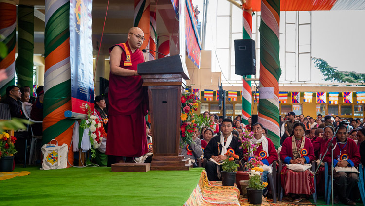 Speaker of the Tibetan Parliament in Exile, Ven Khenpo Sonam Tenphel, addressing the gathering at the Thank You India celebration at the Main Tibetan Temple courtyard in Dharamsala, HP, India on March 31, 2018. Photo by Tenzin Choejor