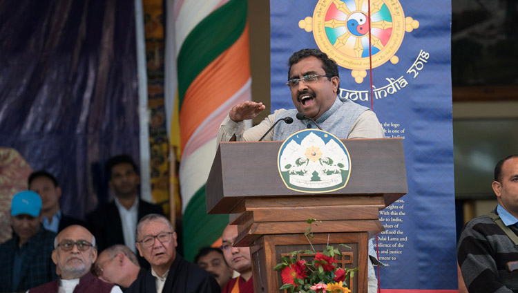 Guest of Honour, Ram Madhav, speaking at the Thank You India celebration at the Main Tibetan Temple in Dharamsala, HP, India on March 31, 2018. Photo by Tenzin Choejor
