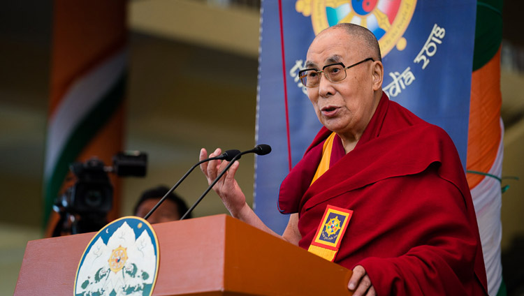 His Holiness the Dalai Lama speaking at the Thank You India celebration at the Main Tibetan Temple in Dharamsala, HP, India on March 31, 2018. Photo by Tenzin Choejor