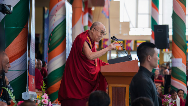 His Holiness the Dalai Lama addressing the gathering at the Thank You India celebration at the Main Tibetan Temple in Dharamsala, HP, India on March 31, 2018. Photo by Tenzin Choejor