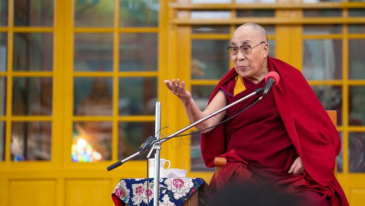 His Holiness the Dalai Lama addressing the crowd during his talk to visitors from India and abroad at the Main Tibetan Temple courtyard in Dharamsala, HP, India on April 16, 2018. Photo by Tenzin Choejor