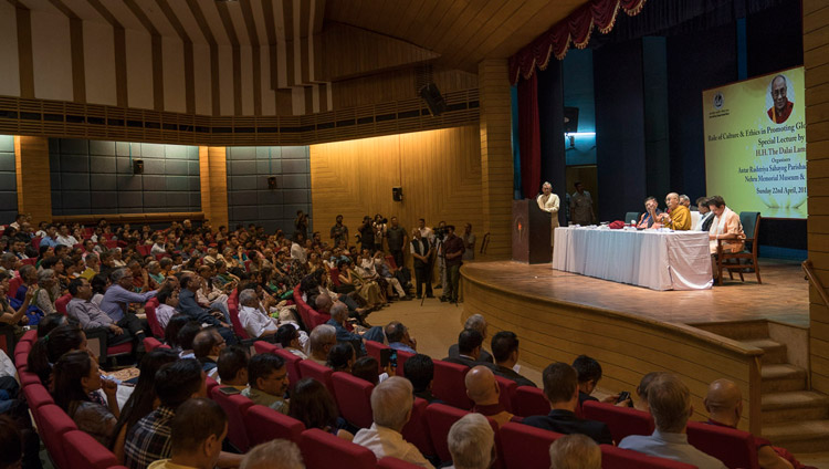 A view of the stage at the Nehru Memorial Museum and Library auditorium during His Holiness the Dalai Lama's talk in New Delhi, India on April 22, 2018. Photo by Tenzin Choejor 