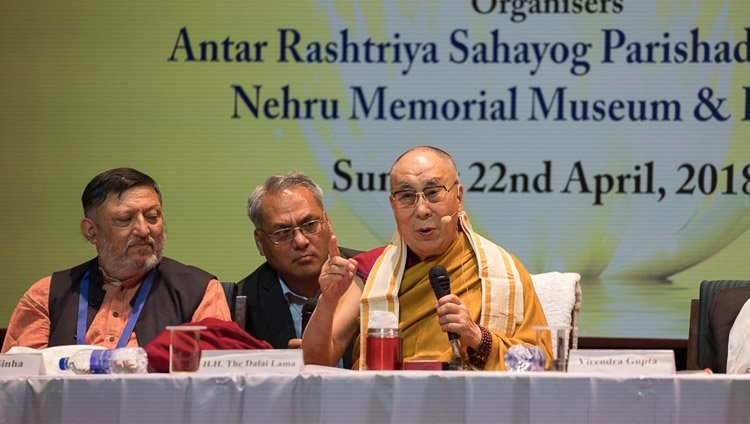 His Holiness the Dalai Lama speaking at the Nehru Memorial Museum and Library auditorium in New Delhi, India on April 22, 2018. Photo by Tenzin Choejor