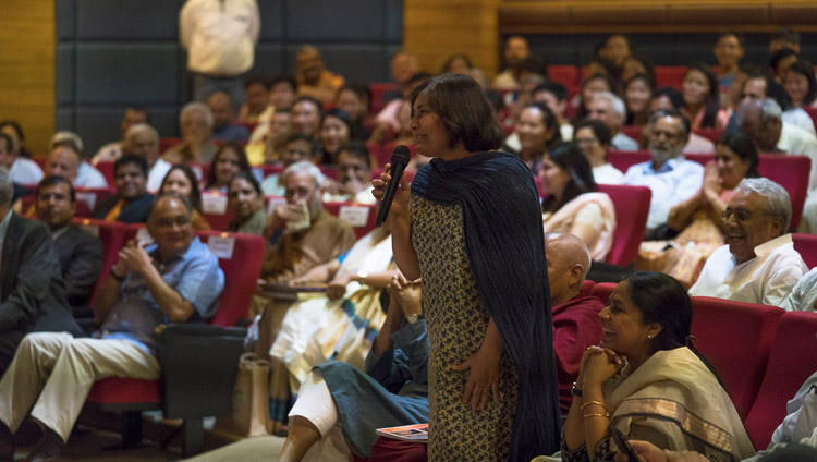 A member of the audience asking His Holiness the Dalai Lama a question during his talk at the Nehru Memorial Museum and Library auditorium in New Delhi, India on April 22, 2018. Photo by Tenzin Choejor