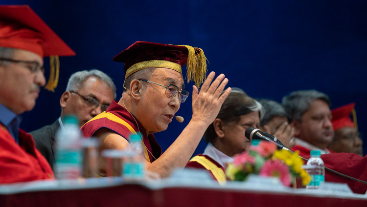 His Holiness the Dalai Lama delivering the Convocation Address at the Lal Bahadur Shastri Institute of Management in New Delhi, India on April 23, 2018. Photo by Tenzin Choejor