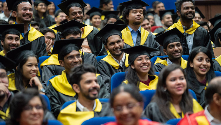 Graduates in the audience listening to His Holiness the Dalai Lama speaking at the Lal Bahadur Shastri Institute of Management Convocation in New Delhi, India on April 23, 2018. Photo by Tenzin Choejor